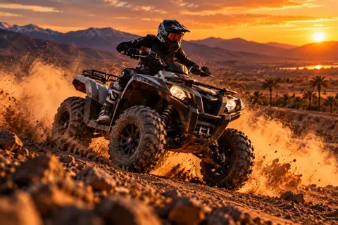 Quad Yamaha Grizzly 700 dans la poussière au coucher du soleil